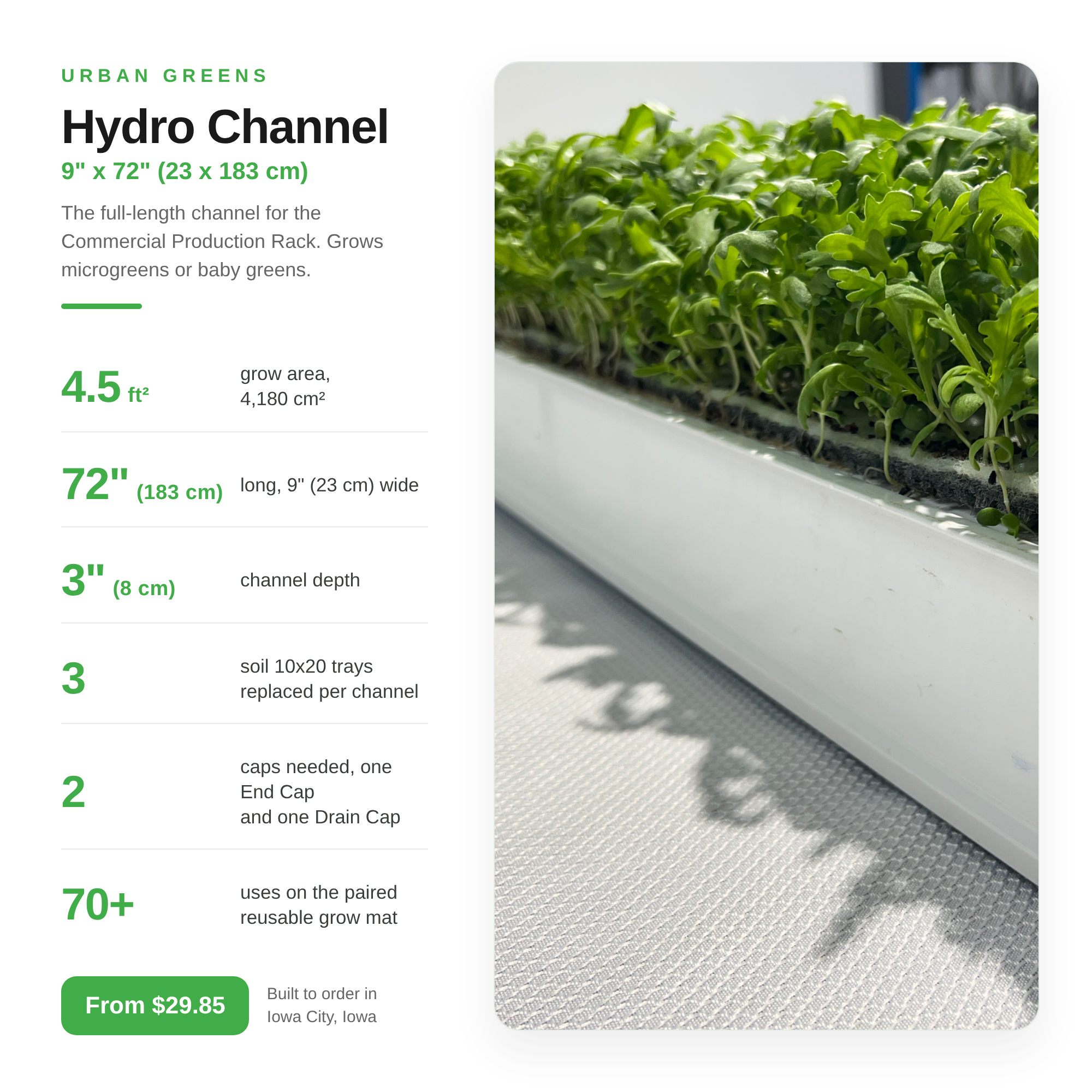 Image of Hydro Channel 9 inch by 72 inch, 4.5 square feet of grow area, 3 inch depth, replaces three soil 10x20 trays, for the Commercial Production Rack