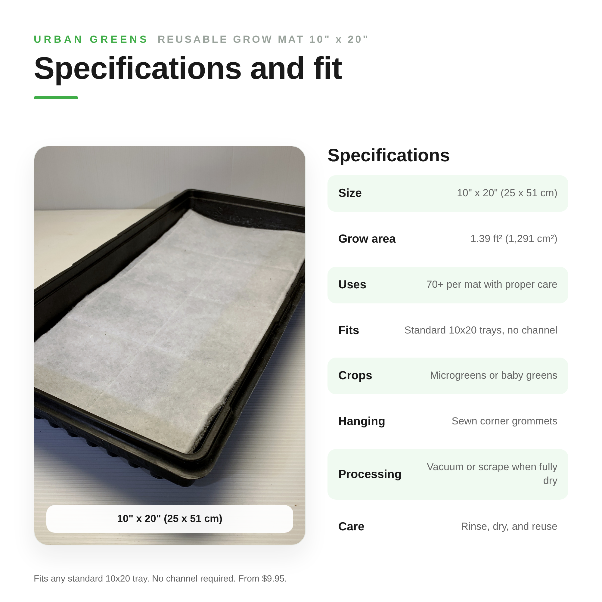 Image of Specifications for the 10 inch by 20 inch reusable grow mat: 25 by 51 cm, 1.39 square feet grow area, 70 plus uses, fits standard 10x20 trays, sewn corner grommets