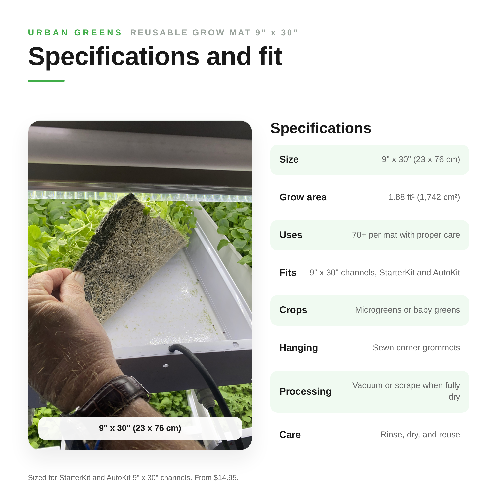 Image of Specifications for the 9 inch by 30 inch reusable grow mat: 23 by 76 cm, 1.88 square feet grow area, 70 plus uses, fits StarterKit and AutoKit channels, sewn corner grommets