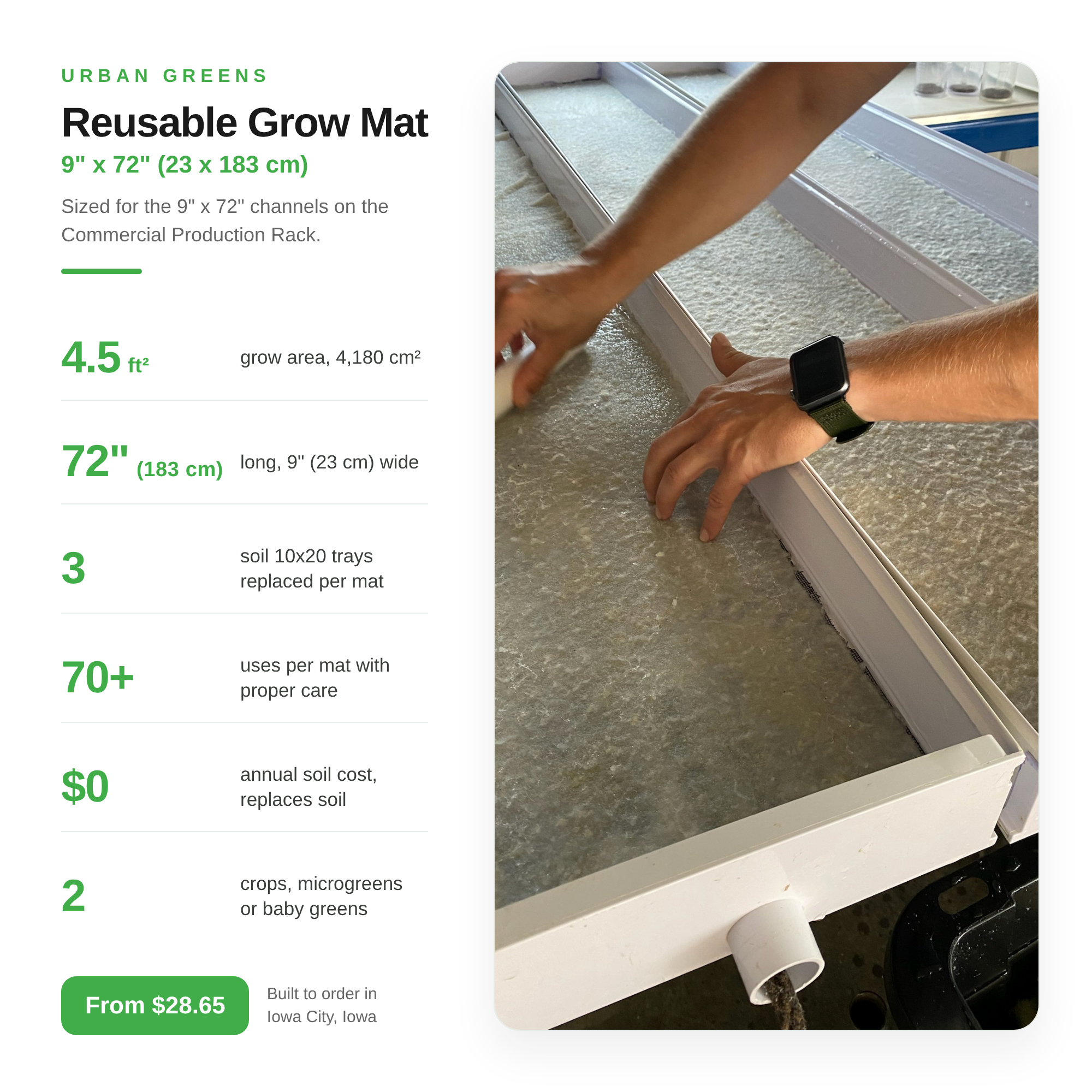 Image of Reusable grow mat 9 inch by 72 inch, 4.5 square feet of grow area, replaces three soil 10x20 trays, 70 plus uses, sized for the Commercial Production Rack