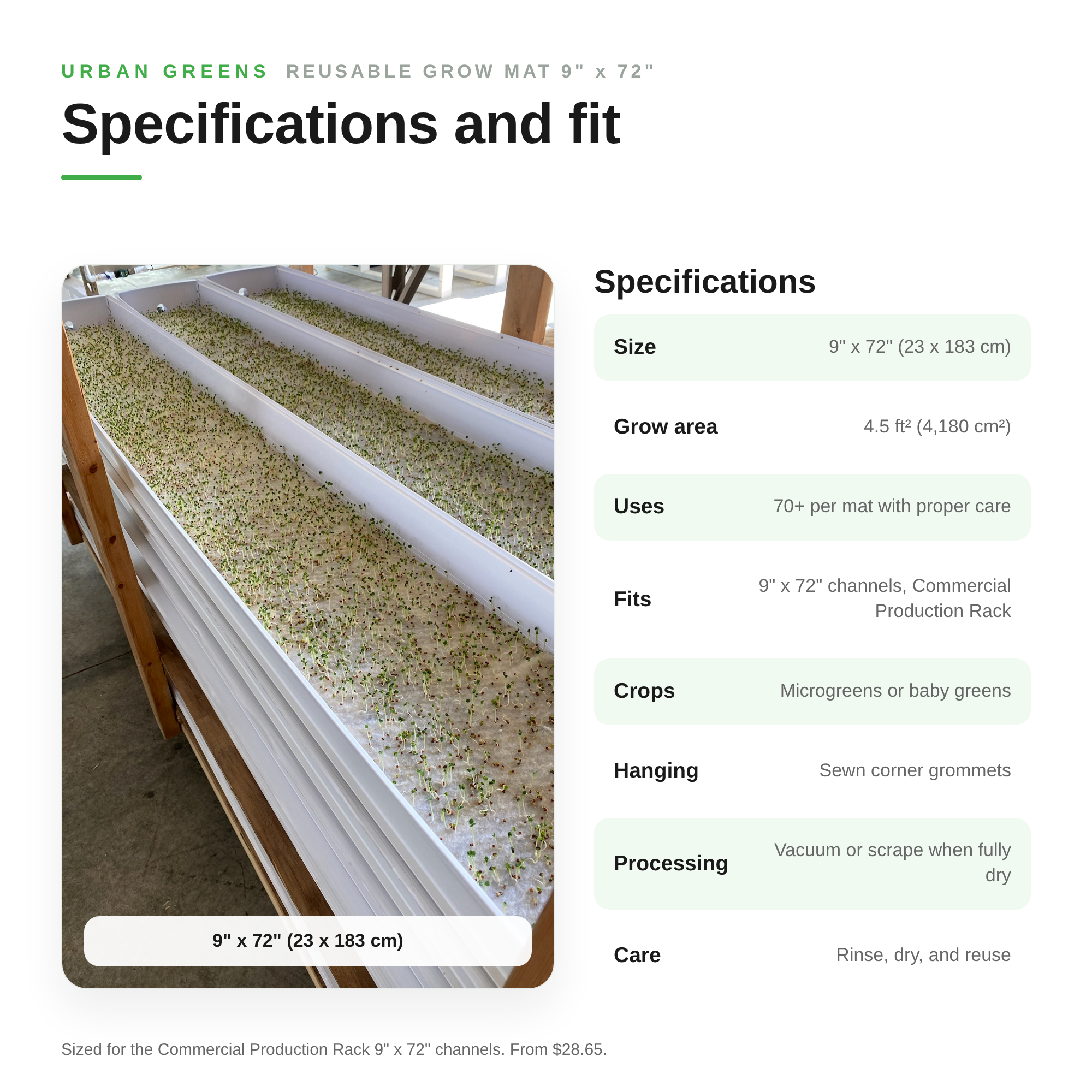 Image of Specifications for the 9 inch by 72 inch reusable grow mat: 23 by 183 cm, 4.5 square feet grow area, 70 plus uses, fits Commercial Production Rack channels, sewn corner grommets